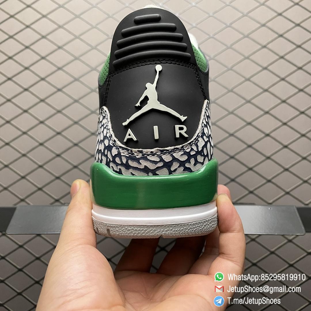 Best Replica Air Jordan 3 Retro Pine Green Black Textured Nubuck Upper Signature Elephant Overlays Green Eyelets Collar Jumpman Icon tongue Heel Top Fake Sneakers 07