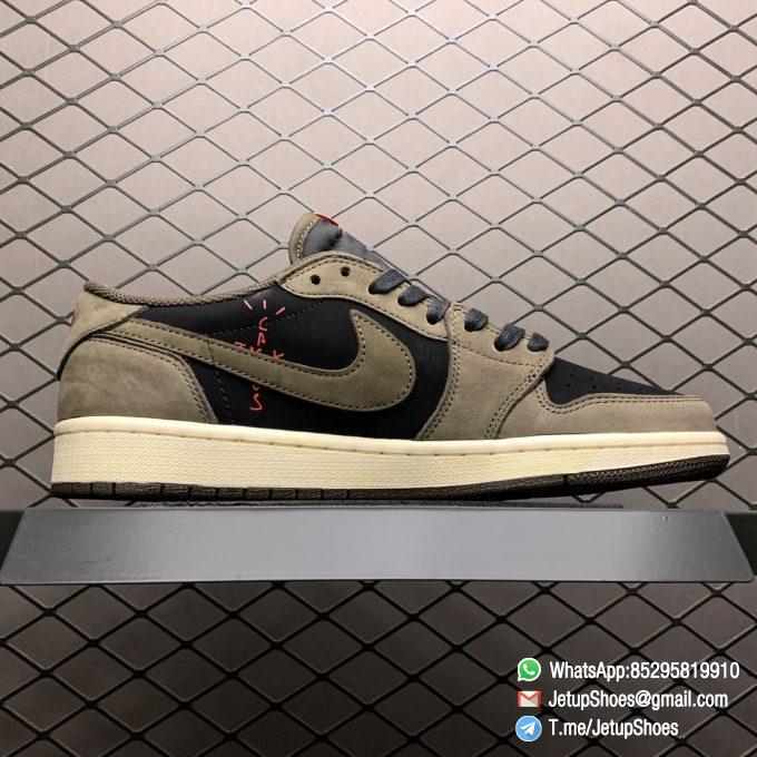 Best Replica Travis Scott x Air Jordan 1 Low Mocha Black and Dark Mocha Upper Oversized Backward Facing Swoosh Cactus Jack Logo Scotts face Pattern SKU CQ4277 001 02