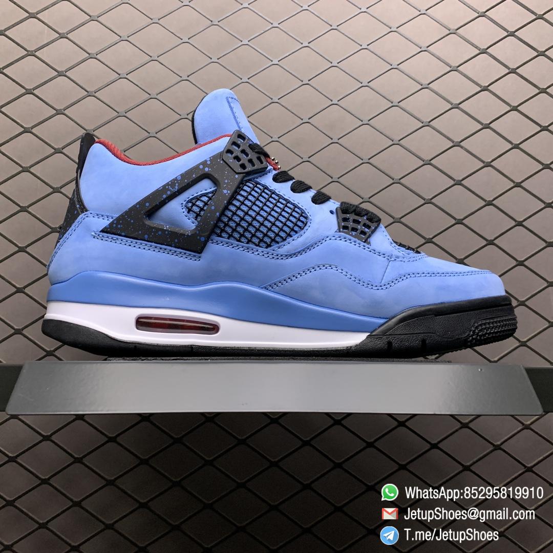 Best Replica Travis Scott x Air Jordan 4 Retro Cactus Jack University Blue Varsity Red Insole Upper Black Lace Light Blue Speckle Pattern Cactus Jack Branding SKU 308497 406 02