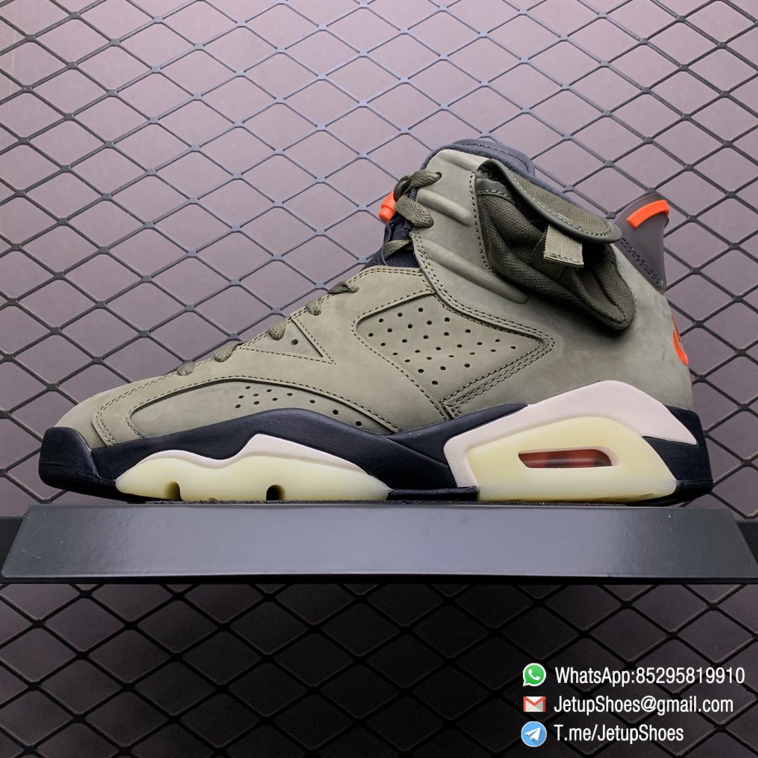 Replica Travis Scott x Air Jordan 6 Retro Olive Medium Olive Nubuck Suede Upper Black Sail University Red Colorway Small Pocket Collar Cactus Jack Logo Heel SKU CN1084 200 01