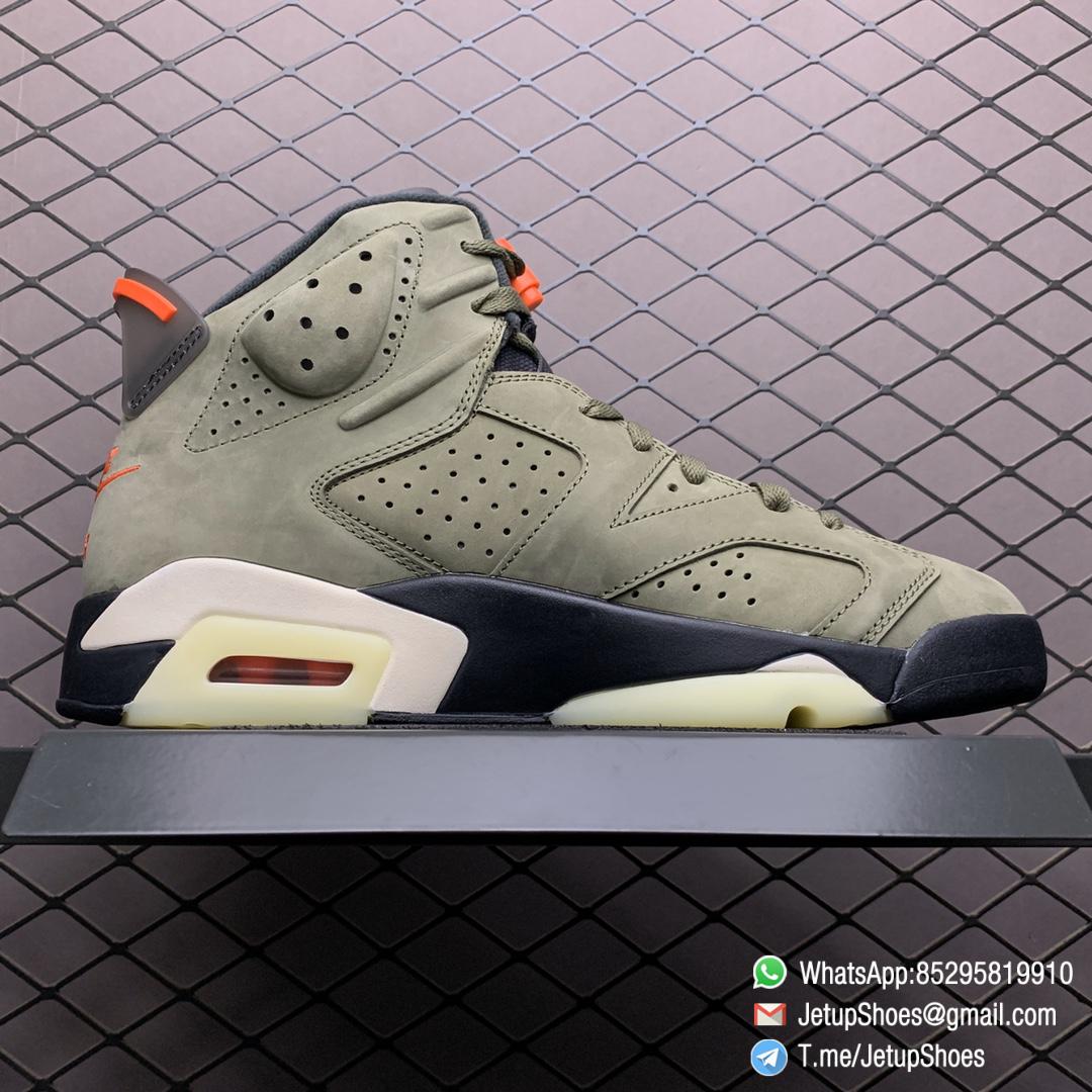 Replica Travis Scott x Air Jordan 6 Retro Olive Medium Olive Nubuck Suede Upper Black Sail University Red Colorway Small Pocket Collar Cactus Jack Logo Heel SKU CN1084 200 02