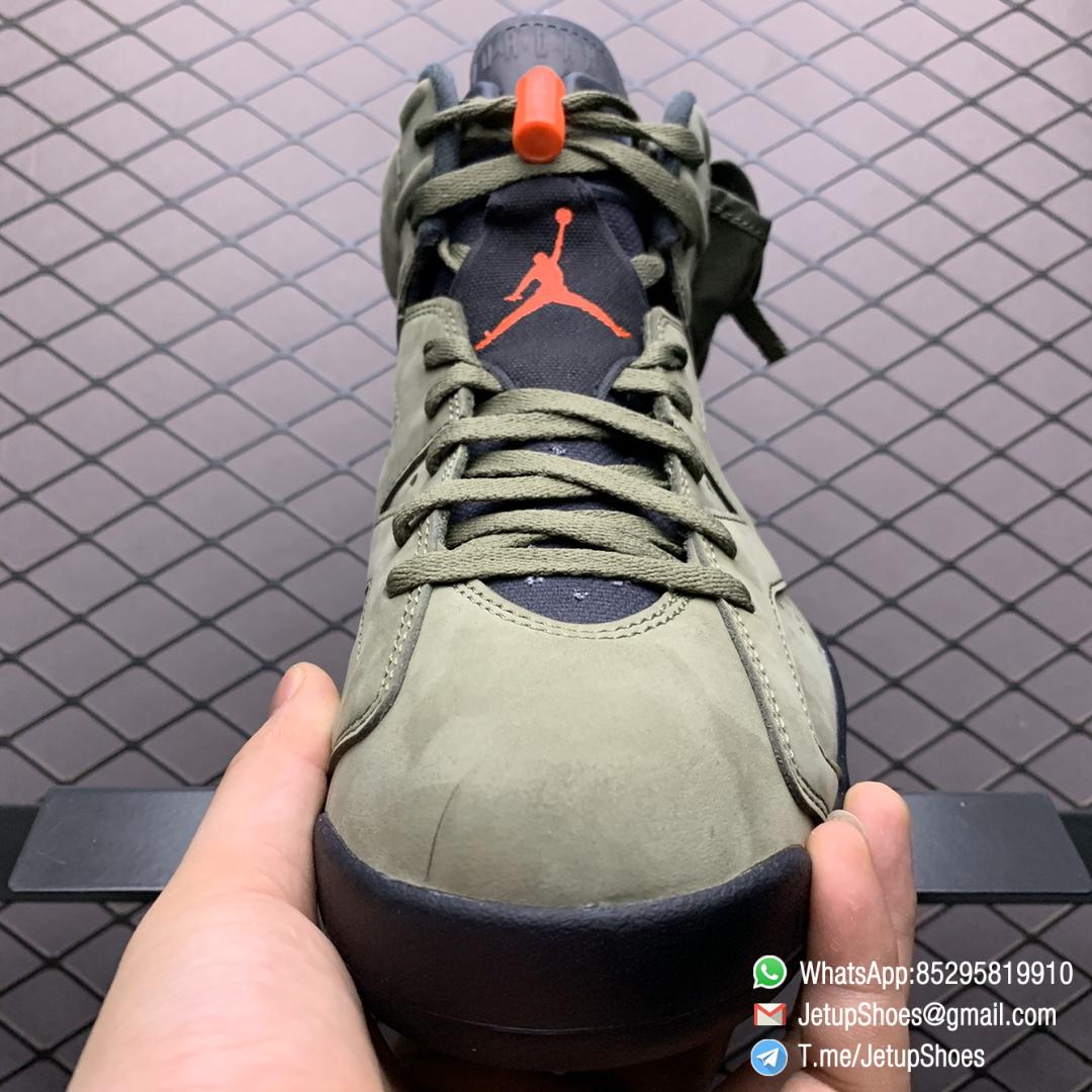 Replica Travis Scott x Air Jordan 6 Retro Olive Medium Olive Nubuck Suede Upper Black Sail University Red Colorway Small Pocket Collar Cactus Jack Logo Heel SKU CN1084 200 05