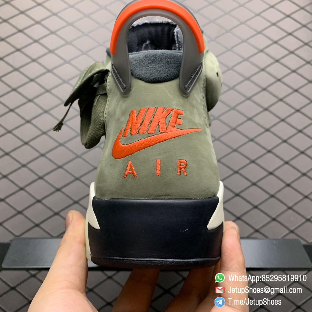 Replica Travis Scott x Air Jordan 6 Retro Olive Medium Olive Nubuck Suede Upper Black Sail University Red Colorway Small Pocket Collar Cactus Jack Logo Heel SKU CN1084 200 06