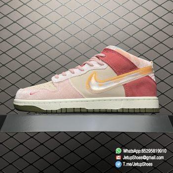 Repsneakers Social Status x Nike Dunk Mid Strawberry Milk Pink Velvet Coral Colored Leather Forefoot and Heel Overlays Pink Rope Laces Pearlescent TPU Swoosh SKU DJ1173 600 01
