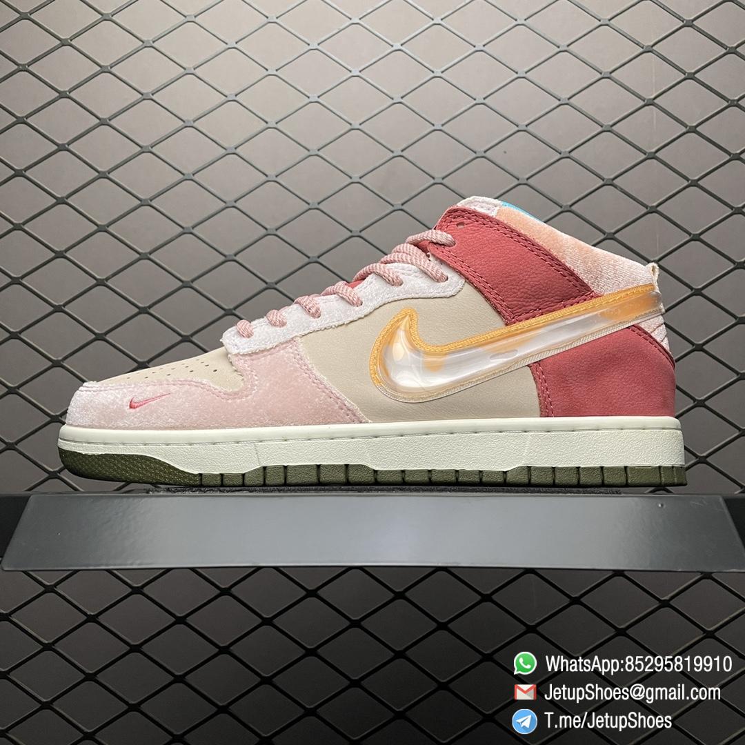 Repsneakers Social Status x Nike Dunk Mid Strawberry Milk Pink Velvet Coral Colored Leather Forefoot and Heel Overlays Pink Rope Laces Pearlescent TPU Swoosh SKU DJ1173 600 01