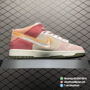 Repsneakers Social Status x Nike Dunk Mid Strawberry Milk Pink Velvet Coral Colored Leather Forefoot and Heel Overlays Pink Rope Laces Pearlescent TPU Swoosh SKU DJ1173 600 02