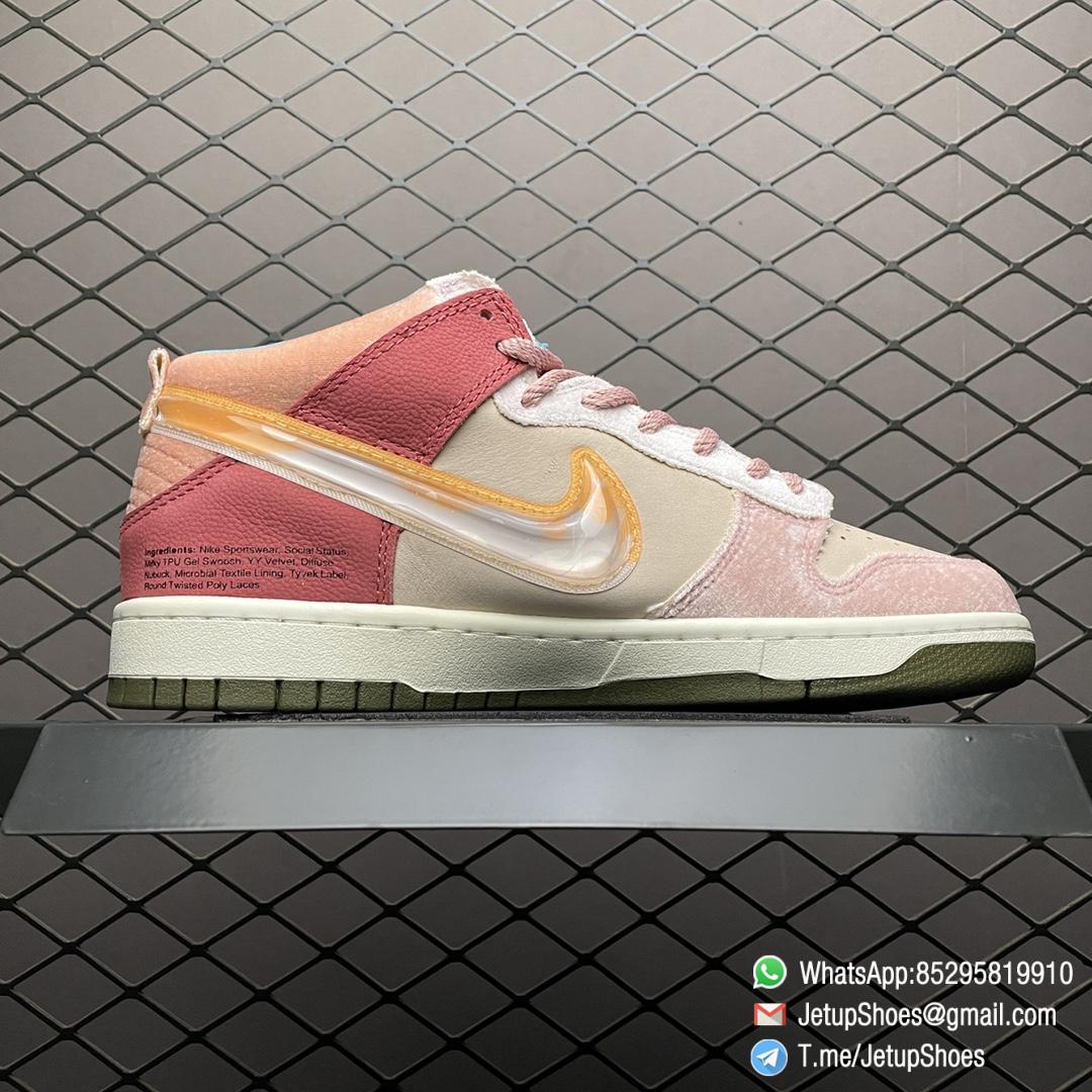 Repsneakers Social Status x Nike Dunk Mid Strawberry Milk Pink Velvet Coral Colored Leather Forefoot and Heel Overlays Pink Rope Laces Pearlescent TPU Swoosh SKU DJ1173 600 02 Repsneakers Social Status x Nike Dunk Mid Strawberry Milk Pink Velvet Coral Colored Leather Forefoot and Heel Overlays Pink Rope Laces Pearlescent TPU Swoosh SKU DJ1173 600 02