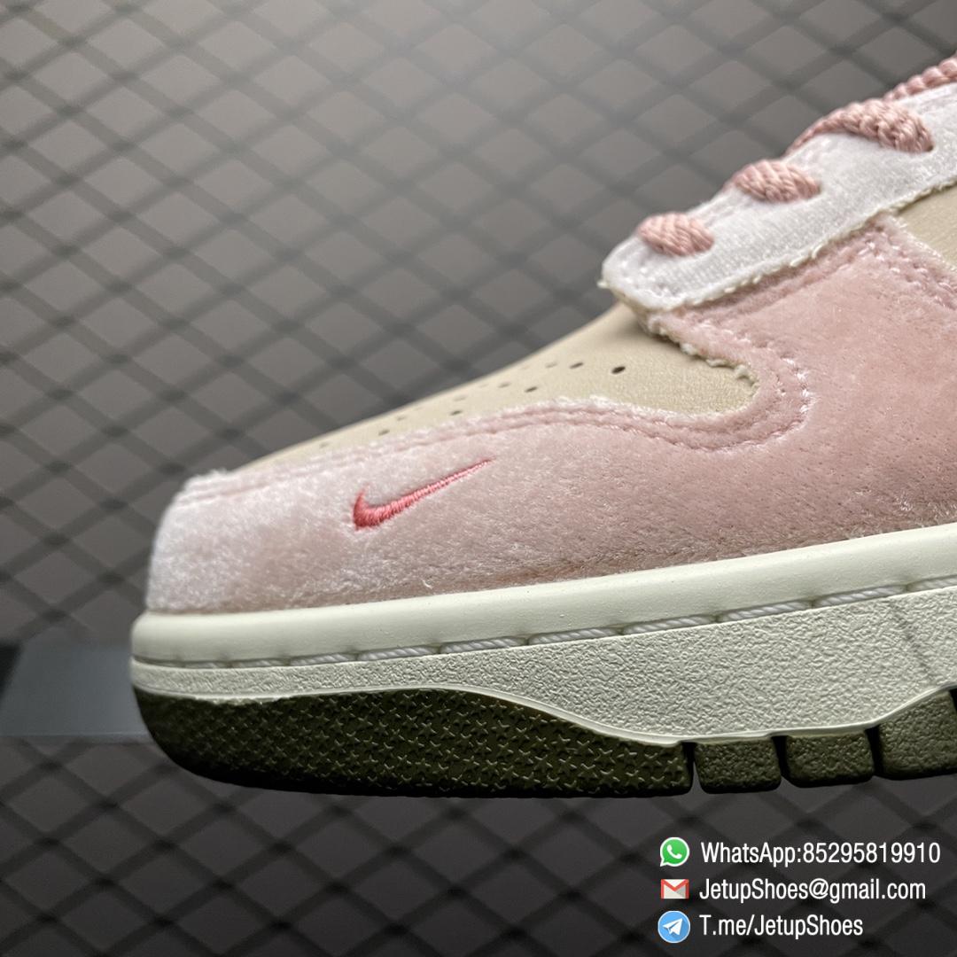 Repsneakers Social Status x Nike Dunk Mid Strawberry Milk Pink Velvet Coral Colored Leather Forefoot and Heel Overlays Pink Rope Laces Pearlescent TPU Swoosh SKU DJ1173 600 03