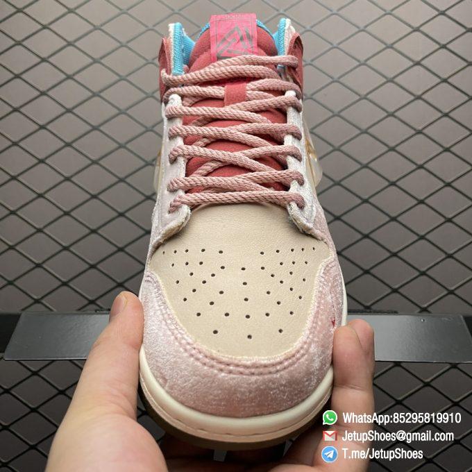 Repsneakers Social Status x Nike Dunk Mid Strawberry Milk Pink Velvet Coral Colored Leather Forefoot and Heel Overlays Pink Rope Laces Pearlescent TPU Swoosh SKU DJ1173 600 05