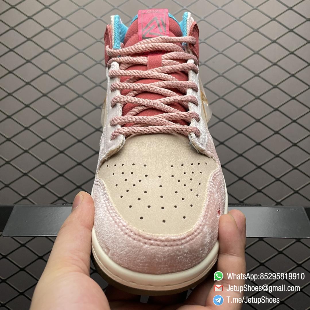 Repsneakers Social Status x Nike Dunk Mid Strawberry Milk Pink Velvet Coral Colored Leather Forefoot and Heel Overlays Pink Rope Laces Pearlescent TPU Swoosh SKU DJ1173 600 05 Repsneakers Social Status x Nike Dunk Mid Strawberry Milk Pink Velvet Coral Colored Leather Forefoot and Heel Overlays Pink Rope Laces Pearlescent TPU Swoosh SKU DJ1173 600 05