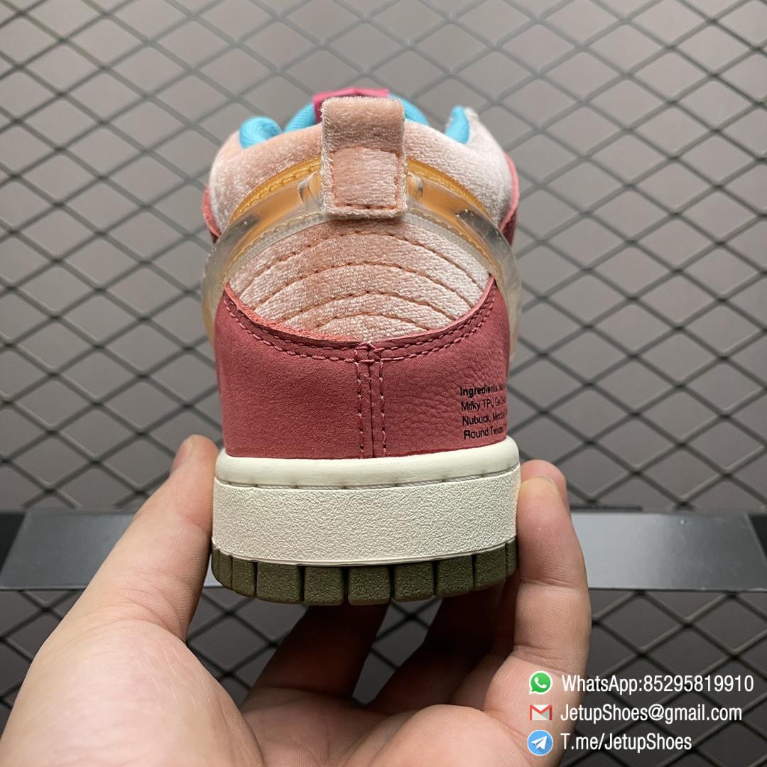 Repsneakers Social Status x Nike Dunk Mid Strawberry Milk Pink Velvet Coral Colored Leather Forefoot and Heel Overlays Pink Rope Laces Pearlescent TPU Swoosh SKU DJ1173 600 06