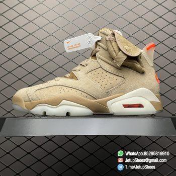 Top Clone Sneakers Travis Scott x Air Jordan 6 Retro British Khaki Suede Canvas Upper Stash Pouch Zipper Detailing Nike Air and Cactus Jack Branding SKU DH0690 200 01