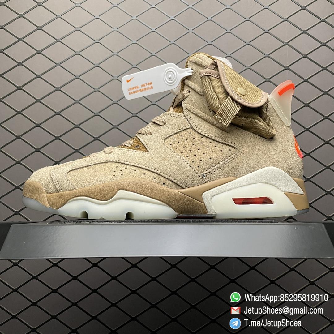 Top Clone Sneakers Travis Scott x Air Jordan 6 Retro British Khaki Suede Canvas Upper Stash Pouch Zipper Detailing Nike Air and Cactus Jack Branding SKU DH0690 200 01