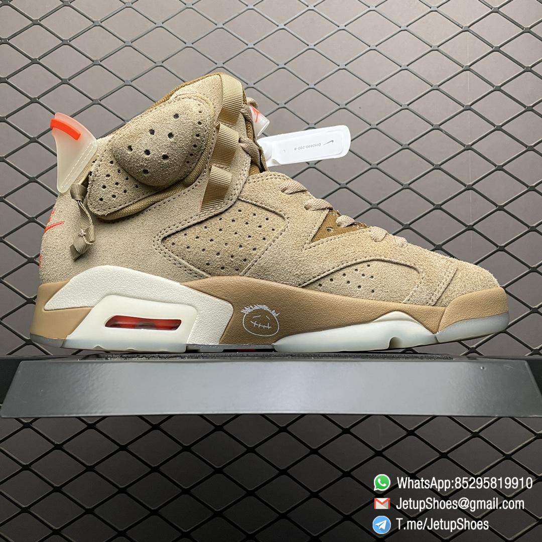 Top Clone Sneakers Travis Scott x Air Jordan 6 Retro British Khaki Suede Canvas Upper Stash Pouch Zipper Detailing Nike Air and Cactus Jack Branding SKU DH0690 200 02