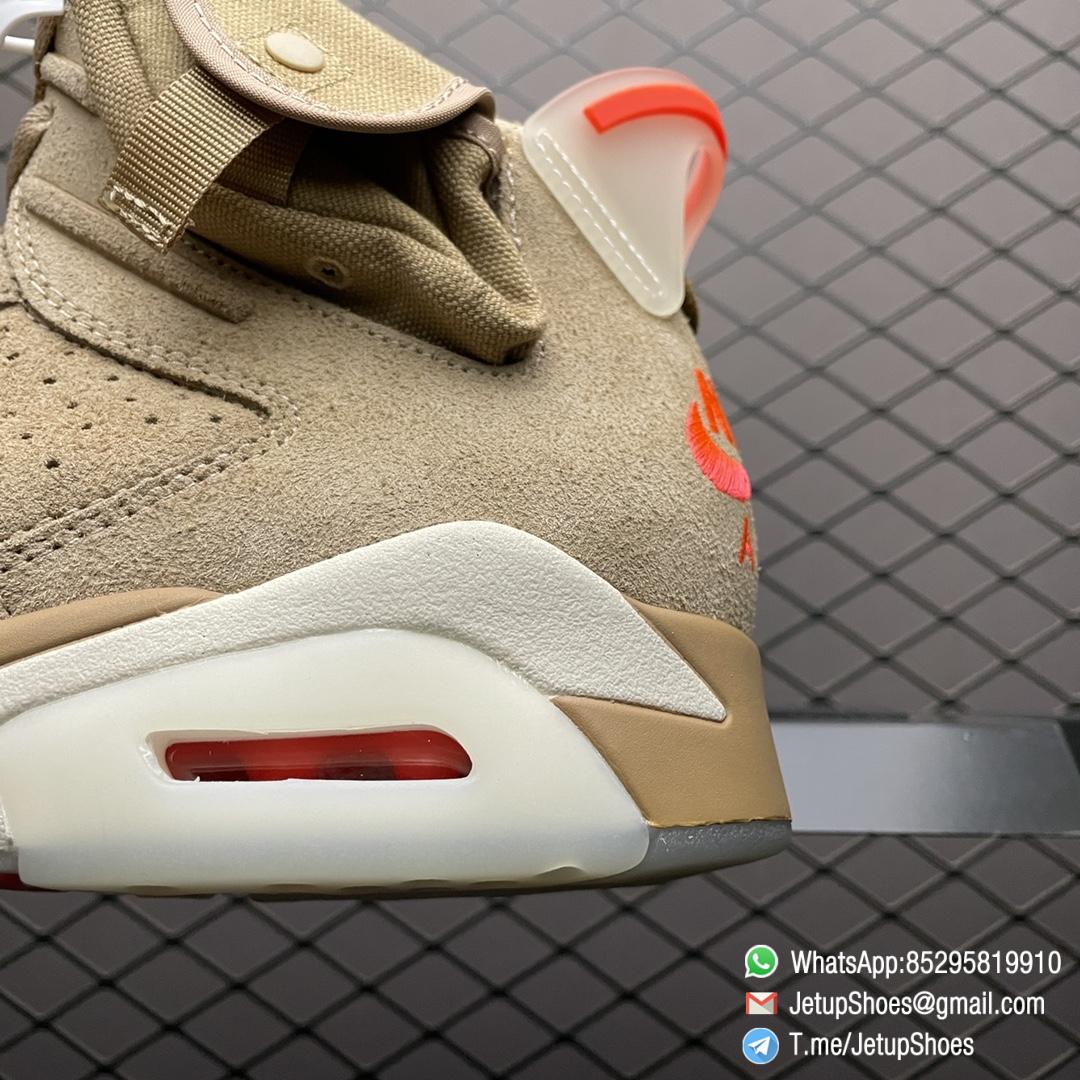 Top Clone Sneakers Travis Scott x Air Jordan 6 Retro British Khaki Suede Canvas Upper Stash Pouch Zipper Detailing Nike Air and Cactus Jack Branding SKU DH0690 200 04