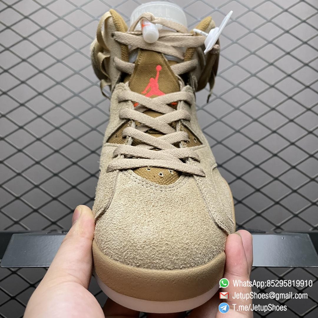 Top Clone Sneakers Travis Scott x Air Jordan 6 Retro British Khaki Suede Canvas Upper Stash Pouch Zipper Detailing Nike Air and Cactus Jack Branding SKU DH0690 200 05